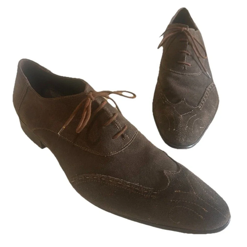 Purouomo Italian Mens EU 45 Suede Brown Wingtip Pointed Toe Dress Shoes Italy